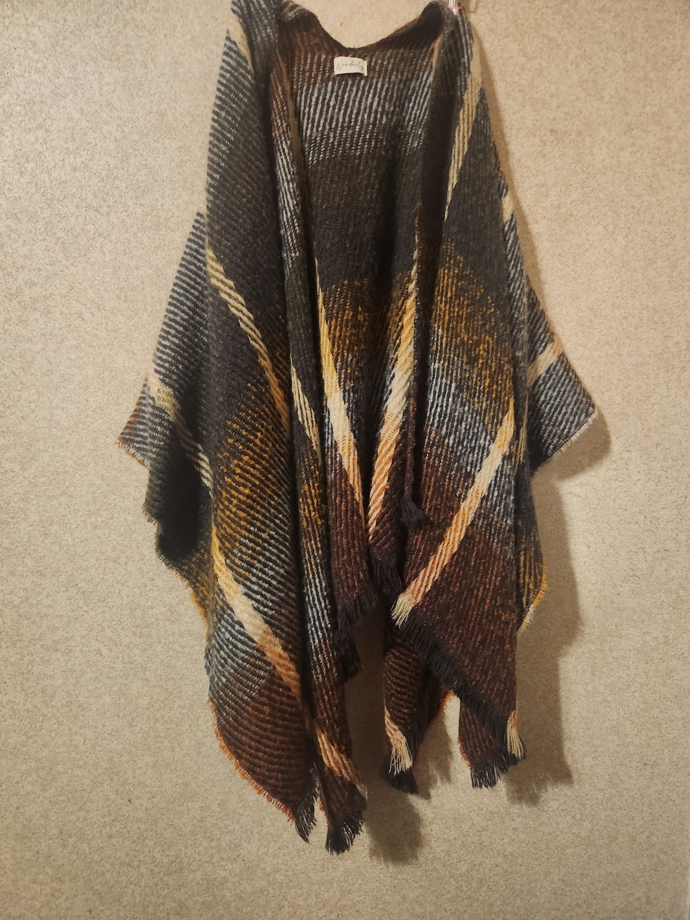 Wonderly Plaid Fringe Poncho in Black, Brown & Cream